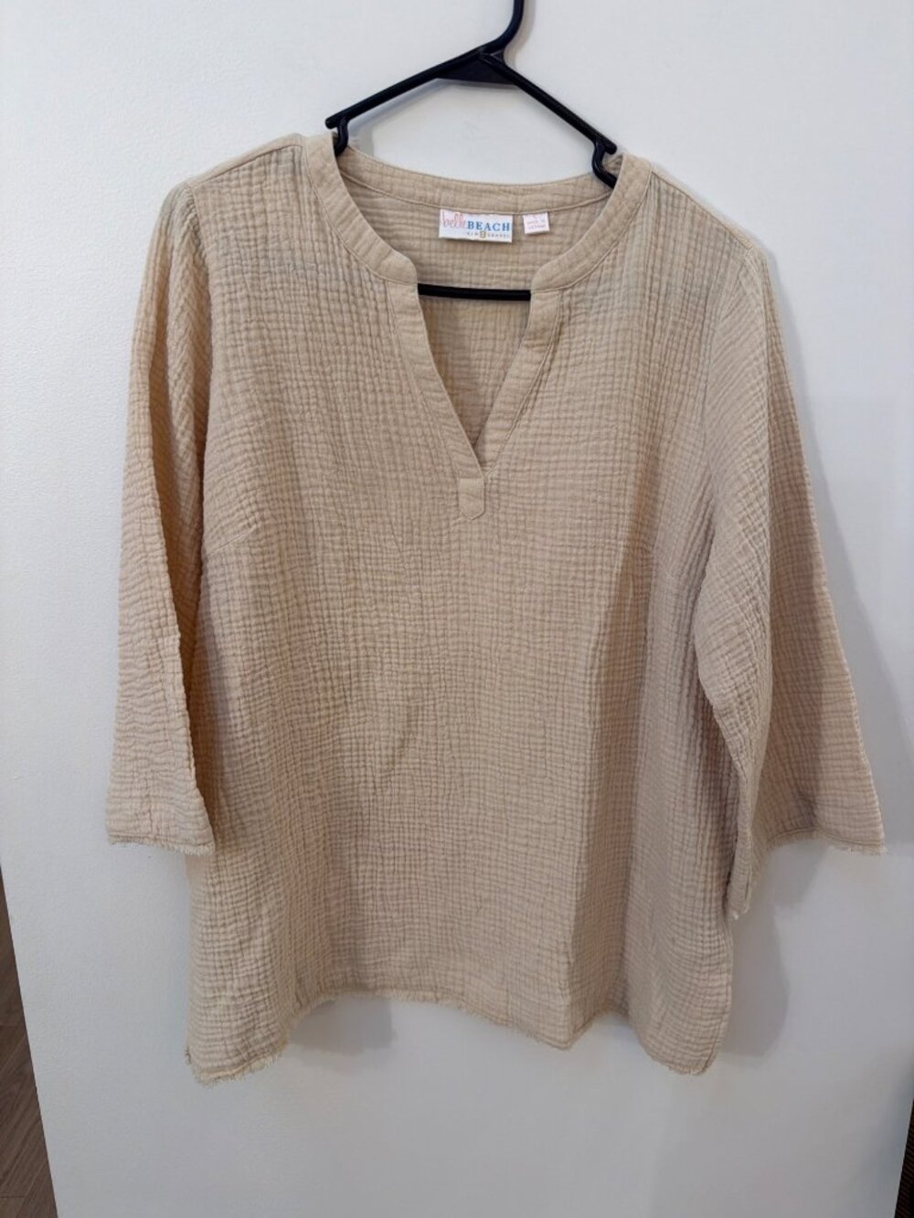 Belle Beach By Kim Gravel Womens Textured V-Neck Pullover Top Beige L 100% Cotto